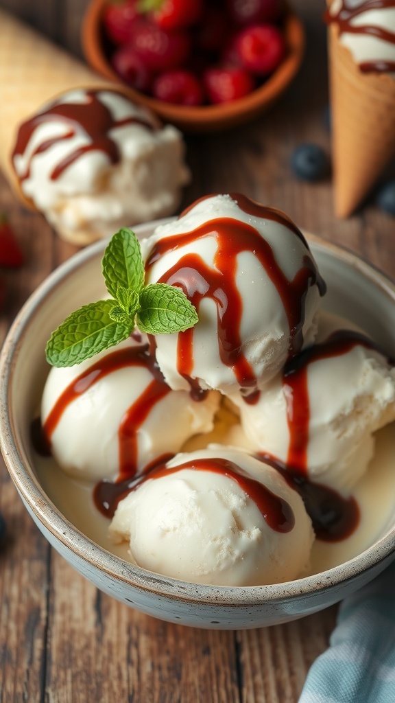 A bowl of vanilla ice cream with chocolate sauce and mint, alongside fresh berries and a cone.